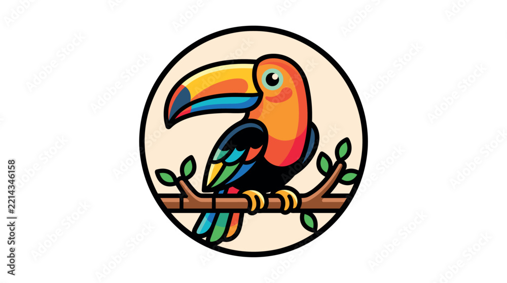 Fototapeta premium A colorful toucan bird vector logo mascot sitting on a branch. Perfect for brand identity, wildlife branding, vibrant tropical designs, and modern creative business icons.