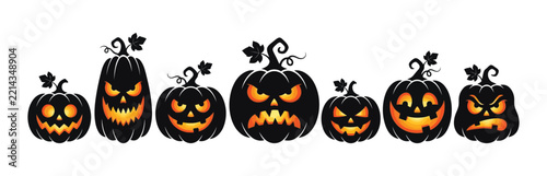 Horizontal border set of black halloween pumpkins with glowing orange carved faces isolated on white background