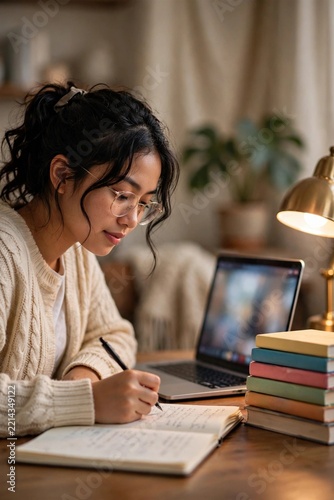 Student studying at home with laptop and stack of books under warm lamplight