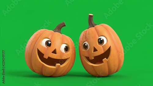 Happy Cartoon Pumpkins Dancing on Green Screen - A pair of adorable cartoon pumpkin lanterns with joyful, expressive faces perform a cute wobble dance.