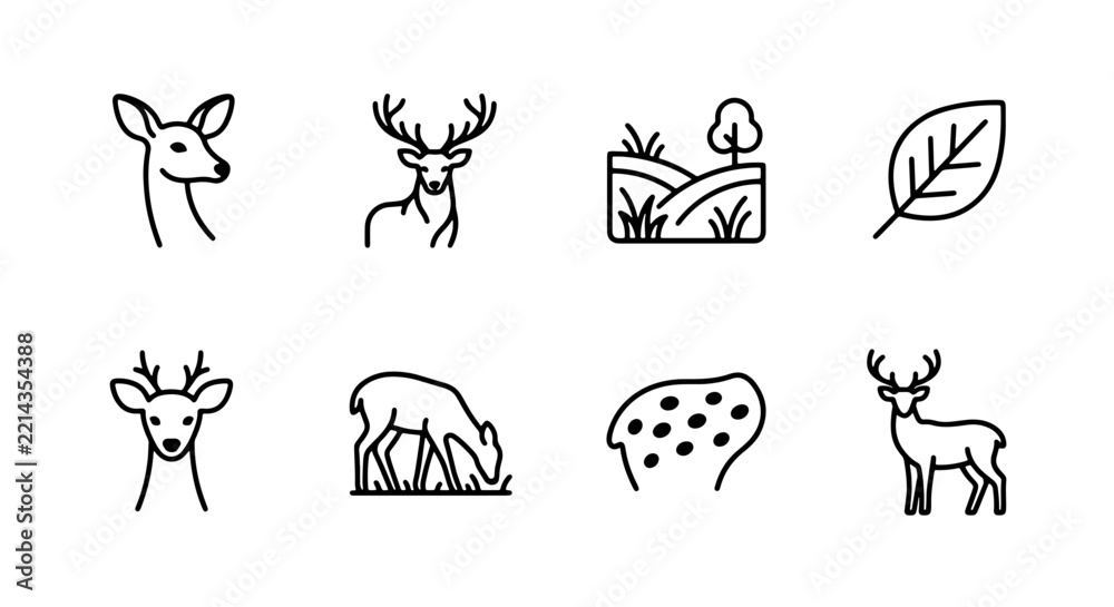 Fototapeta premium Deer icons set with fawn, stag, grazing deer, landscape, and leaf for wildlife and nature themes