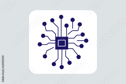 The image features a clean, modern icon representing artificial intelligence, microchip connectivity, data networks, or central processing units.