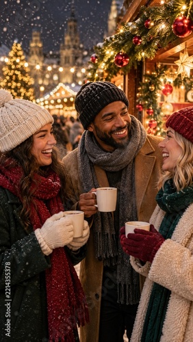 Friends Drinking Hot Chocolate at Christmas Market