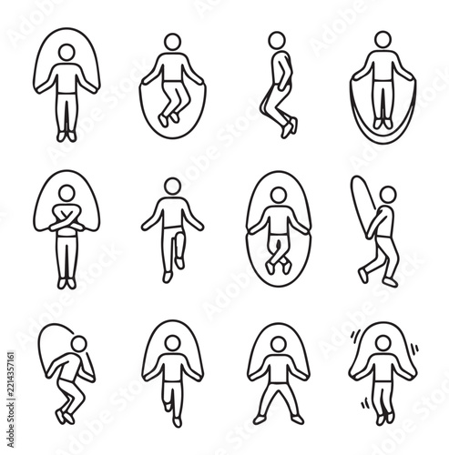 Diverse figures skipping rope in sequence showing dynamic athletic movement against a clean white background