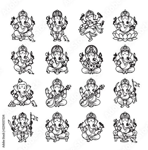Diverse Ganesha poses in a minimalist line art style for spiritual and cultural themes