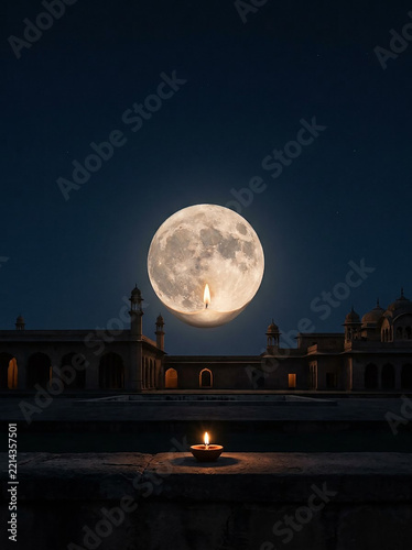 Full moon rising over historic architecture with traditional diya