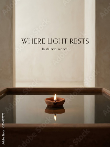 Diya floating on reflective water surface with inspirational text for