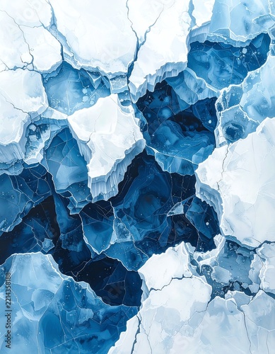 Cracked Ice Surface with Deep Blue Crevasses