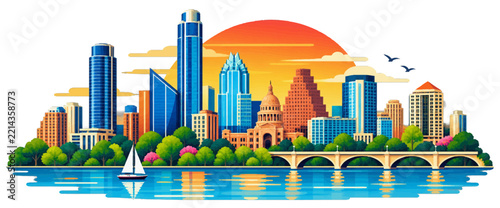 austin skyline vector illustration at sunset with river and bridge