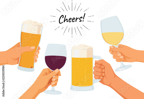 - Cheers Celebration Illustration with Hands Raising Beer Mugs and Wine Glasses for Party and Festive Events