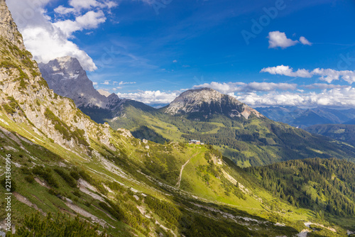 Panoramic alpine landscape around Salzburg, Austria, featuring majestic snow-covered peaks, rugged mountain ridges, green foothills, forested slopes, and picturesque valleys of Austria