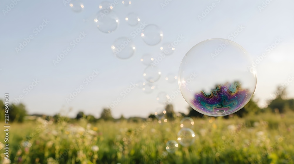 Fototapeta premium Beautiful translucent soap bubbles floating in a sunny green summer meadow during golden hour