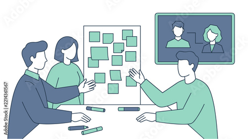 Three office workers brainstorming together with sticky notes and remote call screen