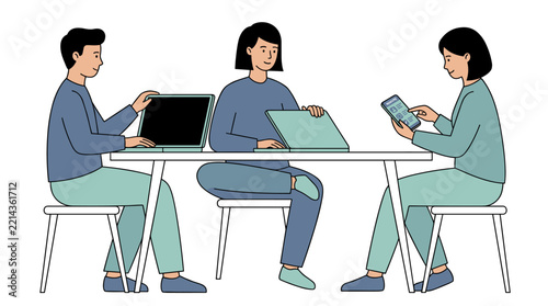 Three young adults working on laptops and smartphone at white table