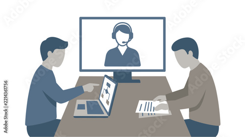 Two men having an online conference meeting with a support representative