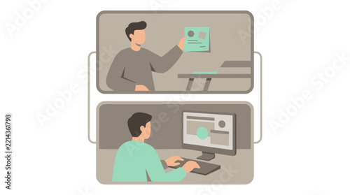 Two men interacting through remote video screens in a digital workspace
