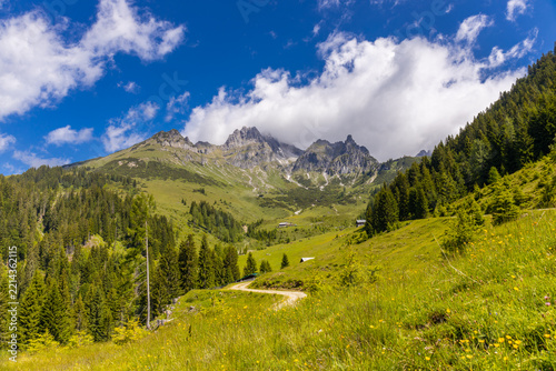 Panoramic alpine landscape around Salzburg, Austria, featuring majestic snow-covered peaks, rugged mountain ridges, green foothills, forested slopes, and picturesque valleys of Austria