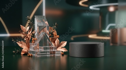 Transparent trophy adorned with copper leaves on a sleek surface  