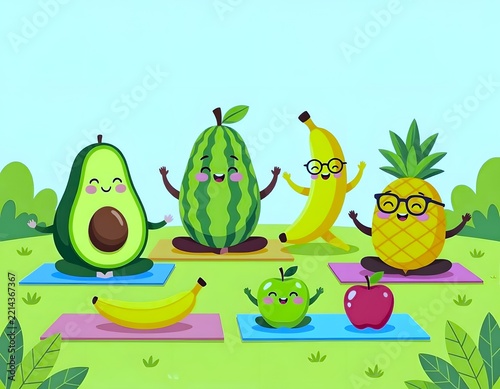 photo of cute fruit characters practicing yoga on colorful mats, healthy lifestyle and nutrition concept.