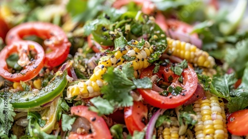 Close-up of a vibrant corn and vegetable salad.