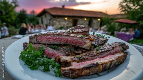 Grilled steak slices served on a plate outdoors.