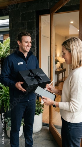 Delivery driver giving black gift box to woman at front door