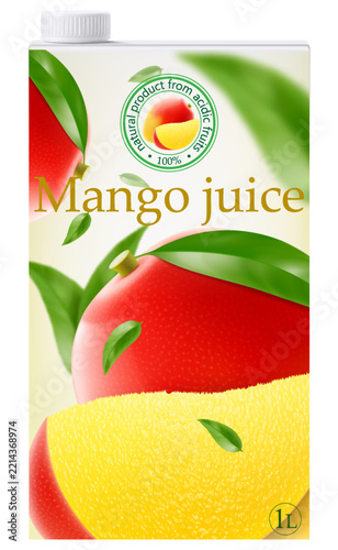 Mango juice packaging. White cardboard mango juice carton with a whole and slice mango, screw cap, isolated on a white background. Realistic vector packaging. Template, 3D design, mockup
