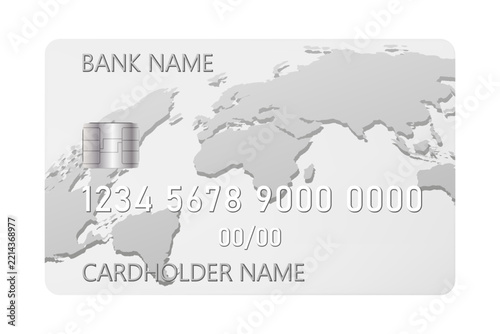 Plastic bank card design isolated on white background. Credit or debit card mockup. Finance, banking, payment method, money transaction, cashless shopping. Realistic vector illustration, 3d effect.