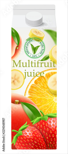 Realistic 3D vector illustration of a large multifruit juice carton mockup with banana, orange and strawberry design, isolated on white background.