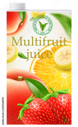 Realistic 3D vector illustration of a large multifruit juice carton mockup with banana, orange and strawberry design, isolated on white background.
