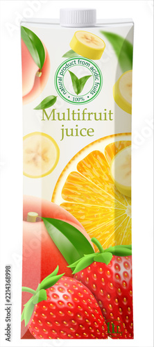 Realistic 3D vector illustration of a large multifruit juice carton mockup with banana, orange and strawberry design, isolated on white background.