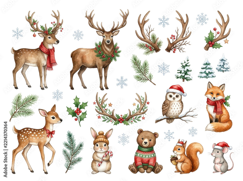 Fototapeta premium Watercolor Christmas forest animals and festive holiday elements collection on white background