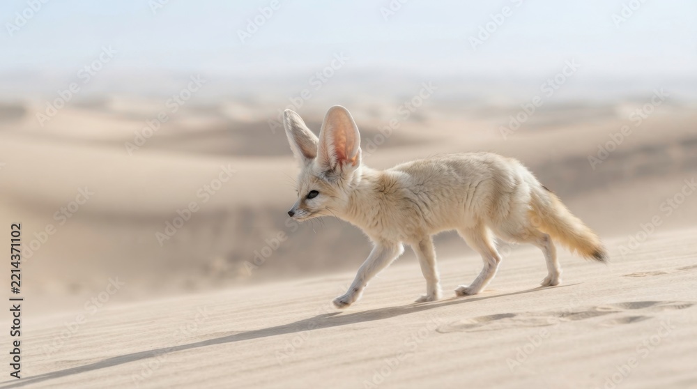 Fototapeta premium A small fennec fox walking across the vast sandy dunes of the Sahara desert in bright daylight