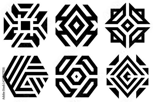 Geometric hexagon emblem set abstract black tribal tattoo icons sacred geometry modern minimal maze badge collection.