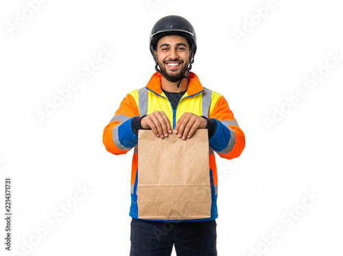 Delivery Man Holding Paper Bag Wearing Helmet