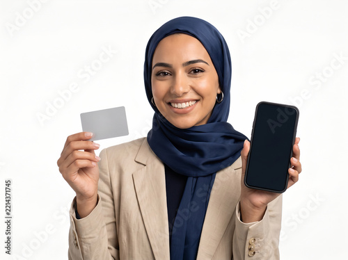 Woman Wearing Hijab Holding Credit Card and Smartphone