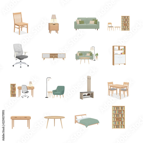Set of 16 Scandinavian furniture icons in flat vector style