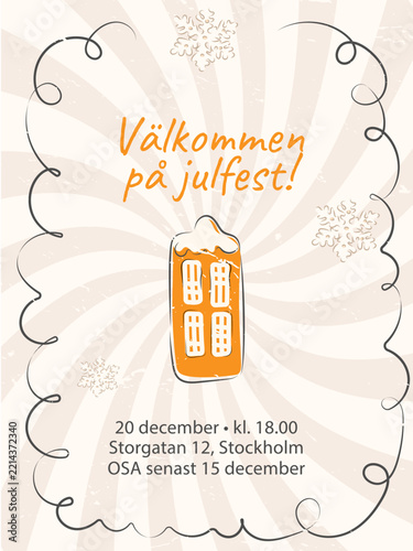 Swedish Christmas party invitation with hand drawn gingerbread house