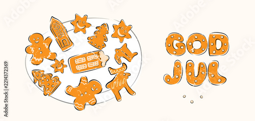 Christmas gingerbread cookies on a plate with God jul greeting