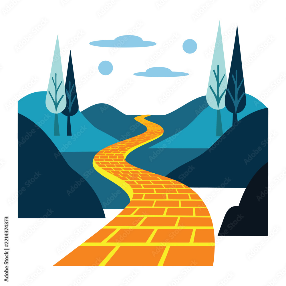 Naklejka premium A vibrant yellow brick road stretches into the distance, creating a charming pathway filled with adventure, fantasy, and wonder through a colorful scenic landscape. 