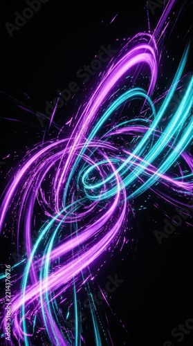 Abstract Neon Light Trails Swirling in Magenta and Cyan on Black Background