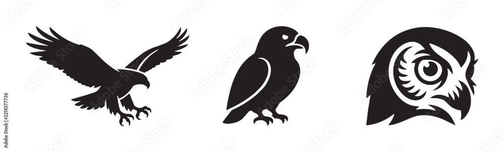 Fototapeta premium Bird silhouettes with eagle in flight, perched bird and owl face for wildlife logos