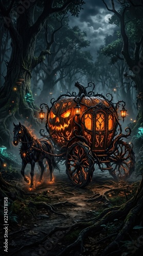 Haunted Pumpkin Carriage and Black Horse in Dark Forest at Night