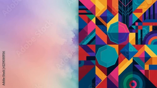 Abstract art morphing watercolor to geometric with copy space