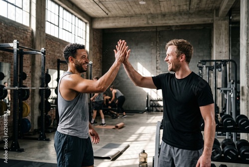 Athletic Men High Fiving After Intense Workout in Gym