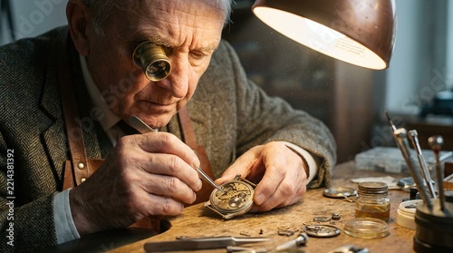 Master Watchmaker's Precision: An elderly artisan, with focused intensity and a jeweler's loupe magnifying his eye, meticulously repairs an intricate timepiece at his workbench.