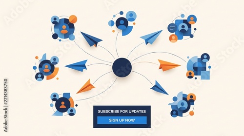 Newsletter subscription banner with paper airplane network concept