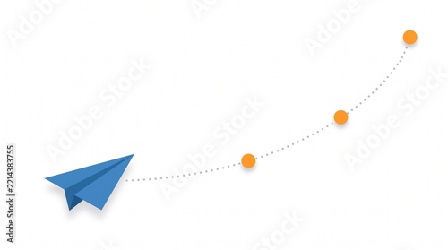 Blue paper airplane flying along curved path with milestone markers