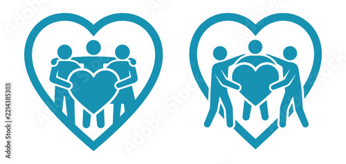 Two teal showing three stylized human figures holding a heart, isolated on a white background, for projects
