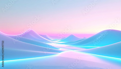Ethereal glowing mountain range in pink and cyan hues